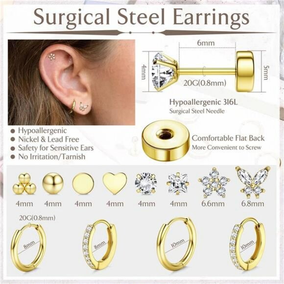 Surgical Steel Flat Back Earrings Set 14K Gold Stud Hoop for Piercings - Picture 5 of 7